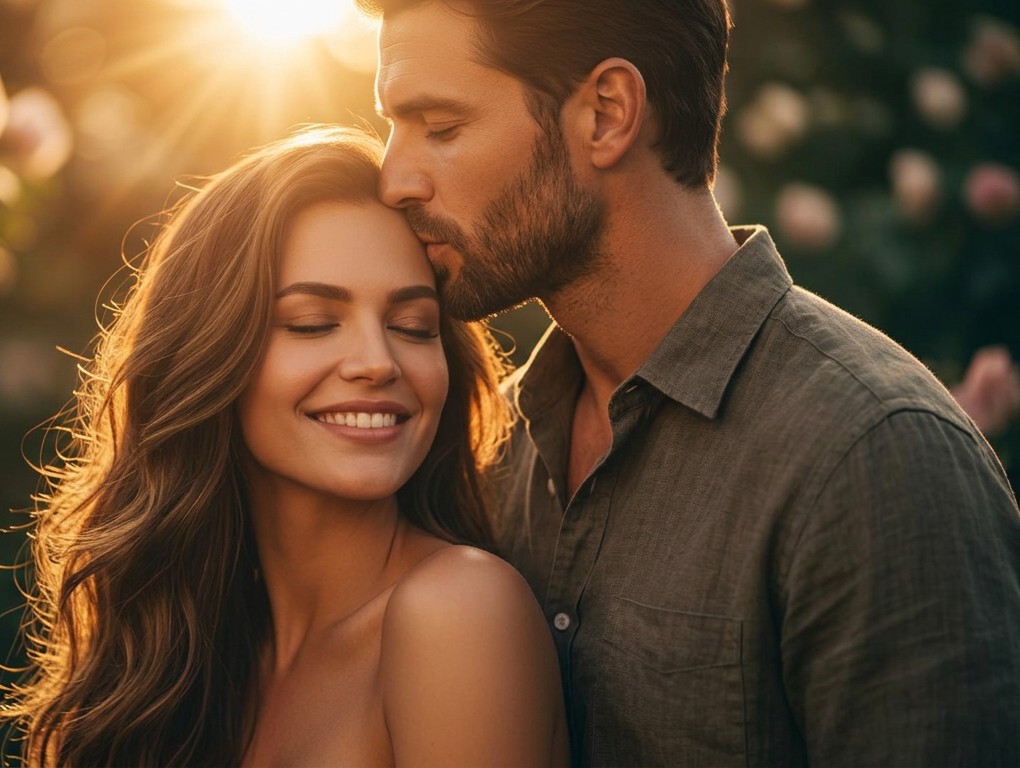 A man lovingly kissing the woman he loves on her forehead at golden hour
